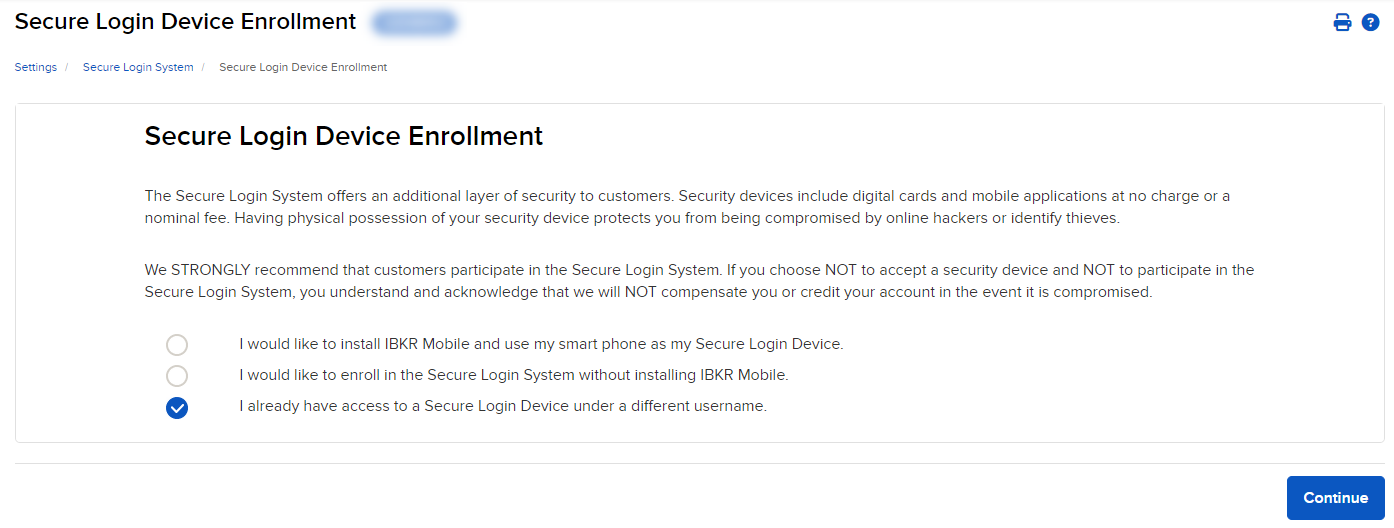 The secure login device enrollment panel in portal. 